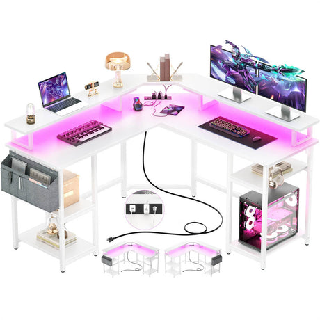 Unikito L Shaped Desk with Power Outlet and USB Ports, 55" Reversible Gaming Desk with Monitor Stand and LED Light, Corner Computer Desk with Storage Shelf