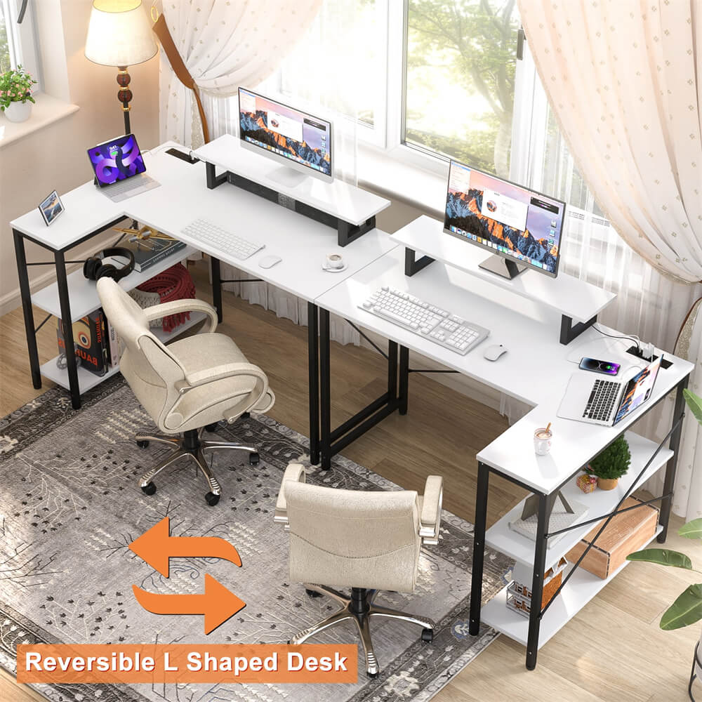 Unikito L Shaped Desk with Power Outlet & USB Port, 47 Inch Reversible Small Desk with LED Strip & Monitor Stand, Corner Computer Desk Writing Desk with Storage Shelves