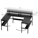 Unikito Customizable U Shaped Computer Desk with Adjustable Monitor Stand, Reversible L Shaped Gaming Desk with Power Outlet and Smart LED Light, Sturdy Office Desk with Storage Shelves