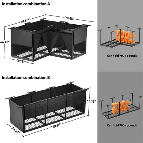 Unikito L Shaped Overhead Storage Rack with Durable Oxford Cover, Height Adjustable Garage Storage Organization System, Heavy Duty Reversible Garage Ceiling Storage Rack for Garage, Warehouse, Load 700LBS