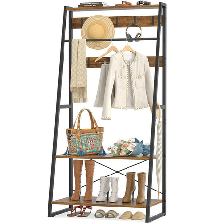 Unikito Coat Rack, 3-in-1 Hall Tree with Storage Shoe Rack, Freestanding Entryway Bench with Shelves, Industrial Entry Coat Stand with Metal Frame for Entrance, Foyer, Bedroom, Easy Assemble