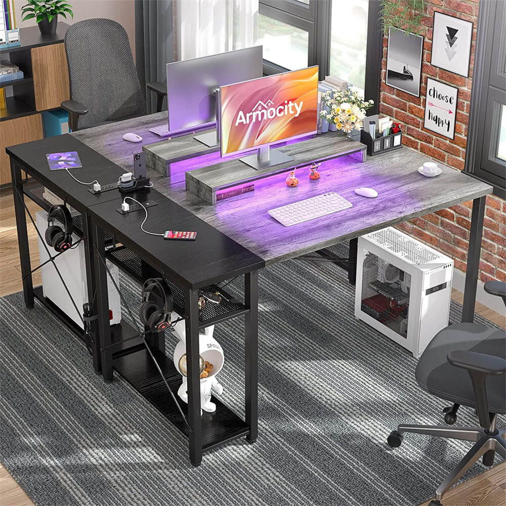 Unikito Computer Desk with Power Outlet and USB Ports, 40 inch Reversible Ergonomic Gaming Desk with Monitor Stand and LED Strip, Small Desk Office Desk Writing Desk with Storage