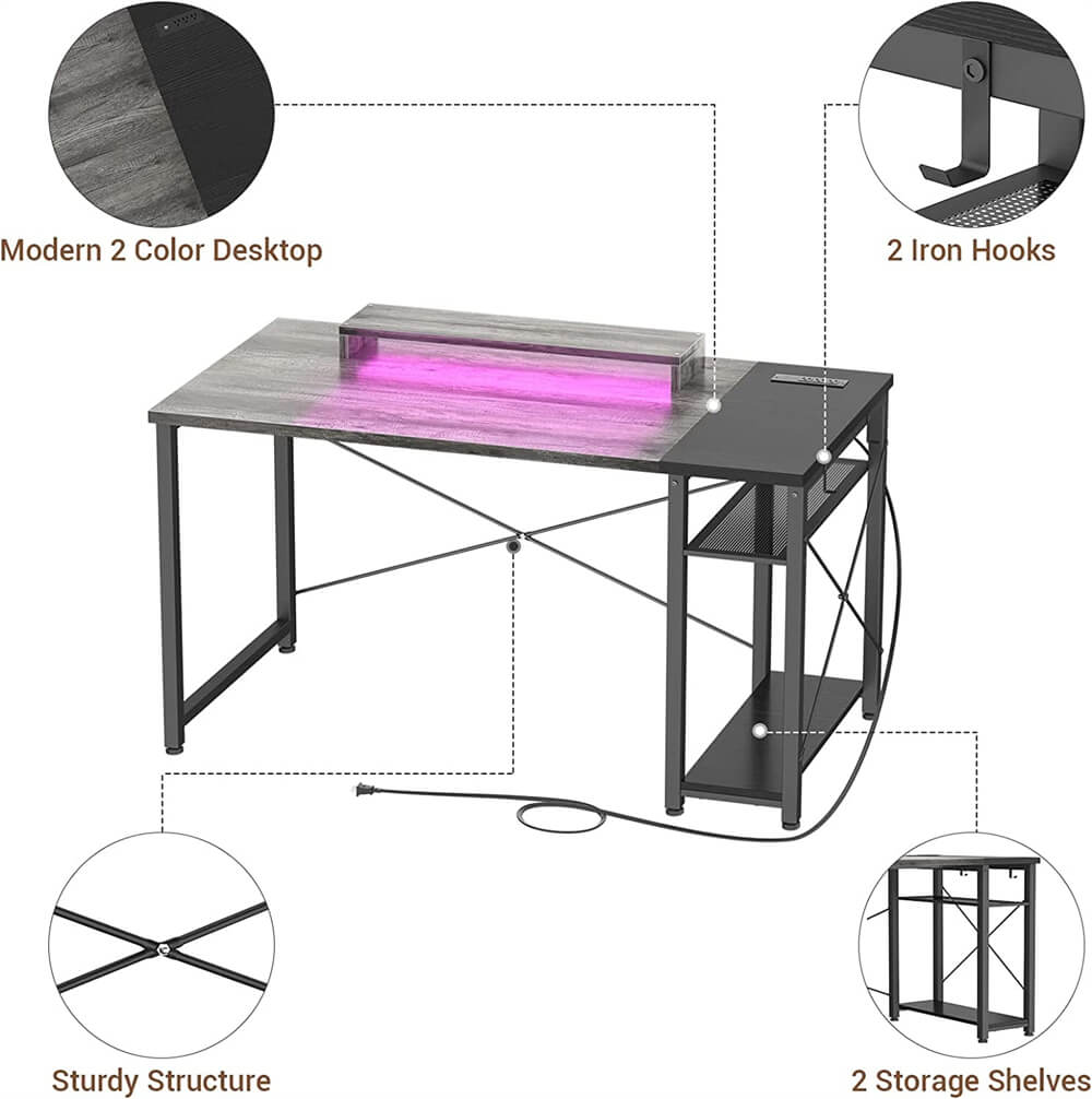 Unikito Computer Desk with Power Outlet and USB Ports, 40 inch Reversible Ergonomic Gaming Desk with Monitor Stand and LED Strip, Small Desk Office Desk Writing Desk with Storage