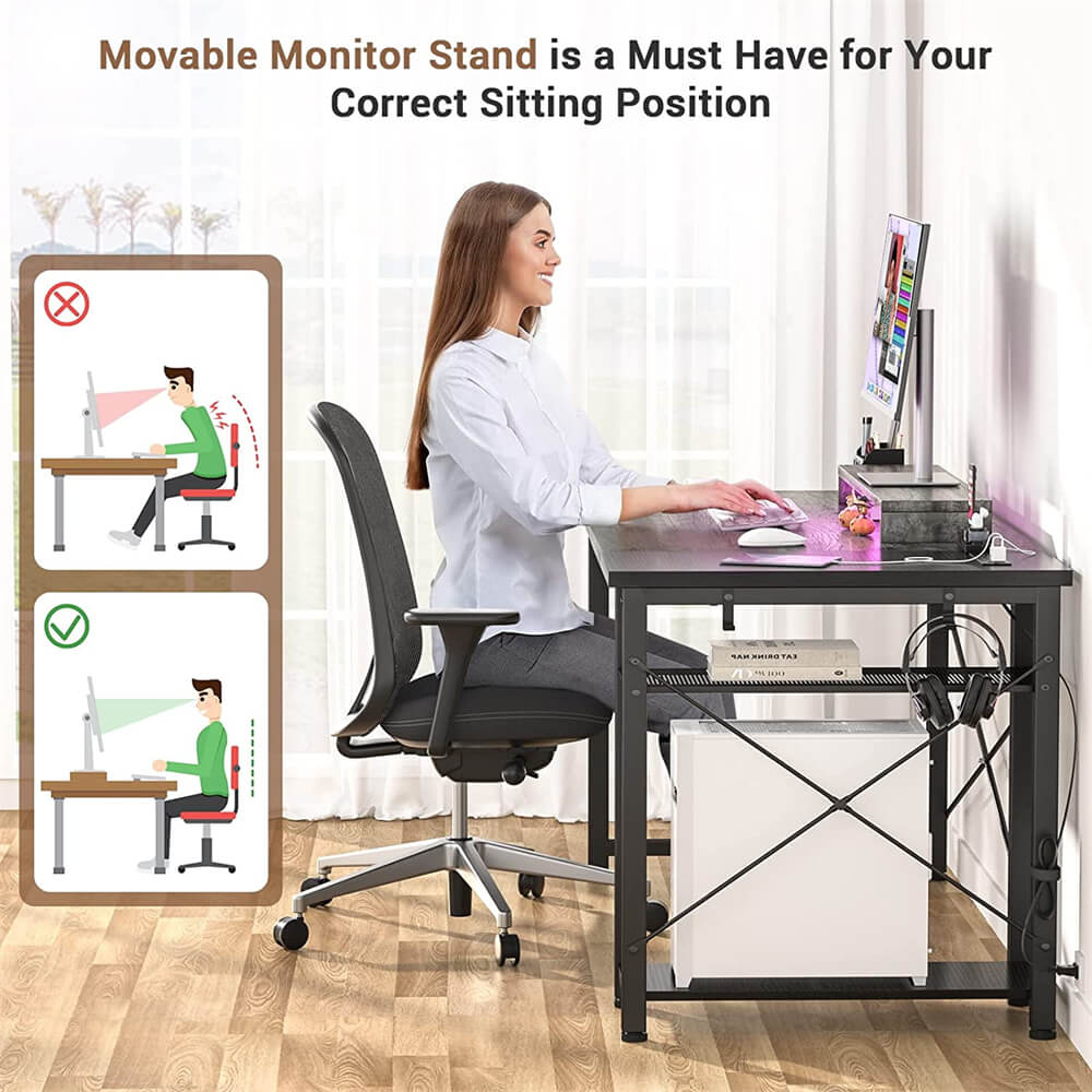 Unikito Computer Desk with Power Outlet and USB Ports, 40 inch Reversible Ergonomic Gaming Desk with Monitor Stand and LED Strip, Small Desk Office Desk Writing Desk with Storage