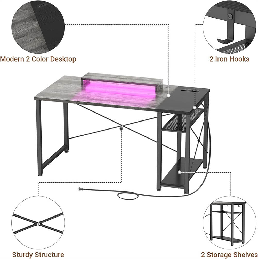 Unikito Computer Desk with Power Outlet and USB Ports, 40 inch Reversible Ergonomic Gaming Desk with Monitor Stand and LED Strip, Small Desk Office Desk Writing Desk with Storage