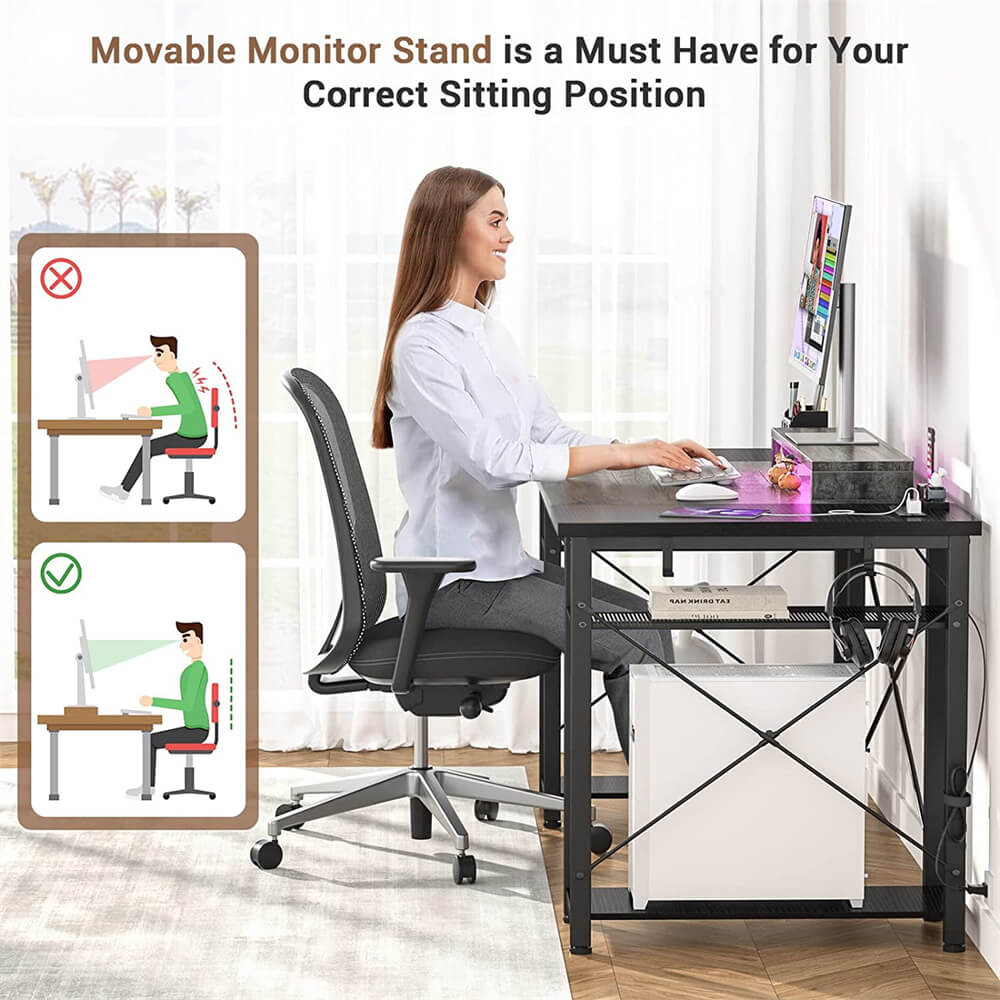 Unikito Computer Desk with Power Outlet and USB Ports, 40 inch Reversible Ergonomic Gaming Desk with Monitor Stand and LED Strip, Small Desk Office Desk Writing Desk with Storage