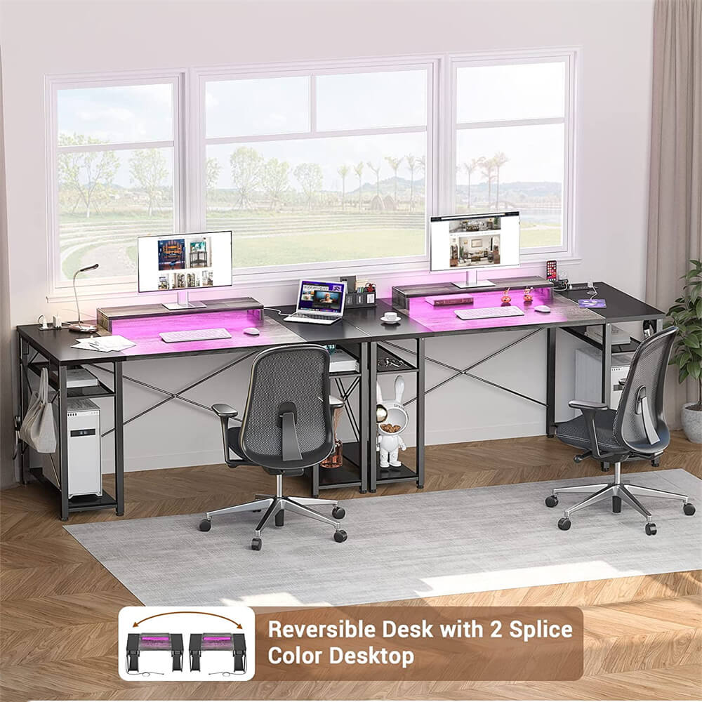 Unikito Computer Desk with Power Outlet and USB Ports, 40 inch Reversible Ergonomic Gaming Desk with Monitor Stand and LED Strip, Small Desk Office Desk Writing Desk with Storage