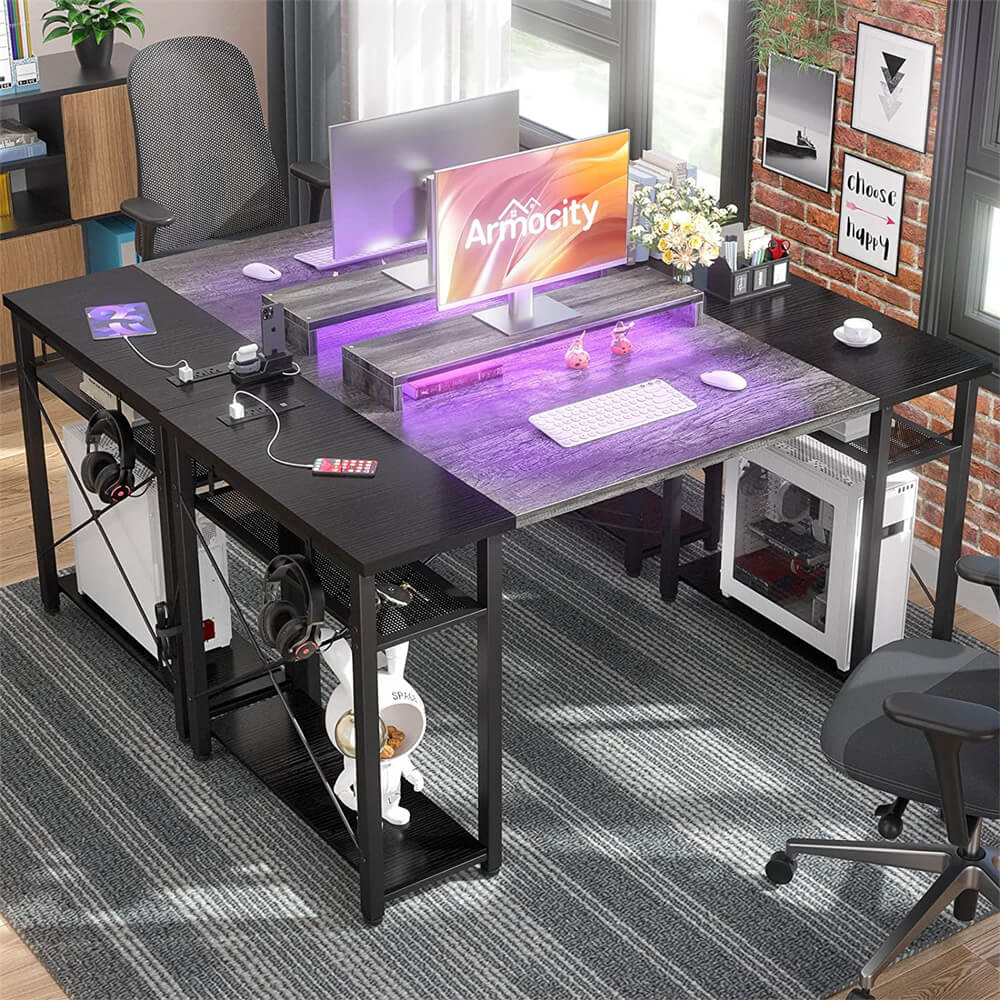 Unikito Computer Desk with Power Outlet and USB Ports, 40 inch Reversible Ergonomic Gaming Desk with Monitor Stand and LED Strip, Small Desk Office Desk Writing Desk with Storage