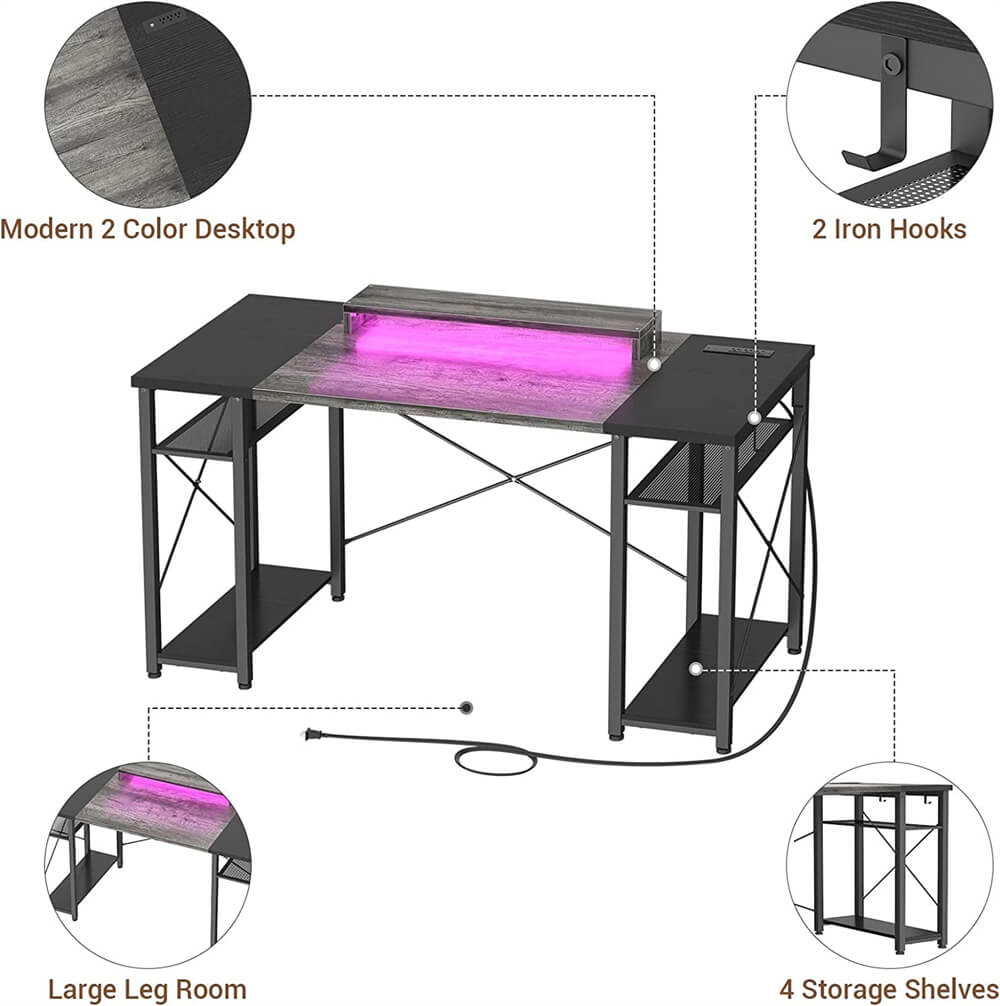 Unikito Computer Desk with Power Outlet and USB Ports, 40 inch Reversible Ergonomic Gaming Desk with Monitor Stand and LED Strip, Small Desk Office Desk Writing Desk with Storage