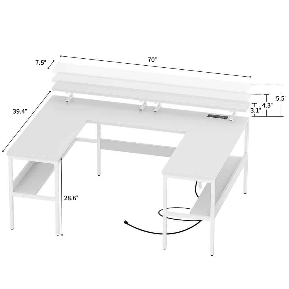 Unikito Customizable U Shaped Computer Desk with Adjustable Monitor Stand, Reversible L Shaped Gaming Desk with Power Outlet and Smart LED Light, Sturdy Office Desk with Storage Shelves