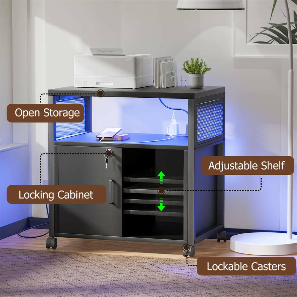 Unikito Lateral File Cabinet with LED Light, Locking Office Filing Cabinets with Socket and USB Charging Port, Modern Rolling Printer Stand with Storage for A4, Letter Size and File Folders