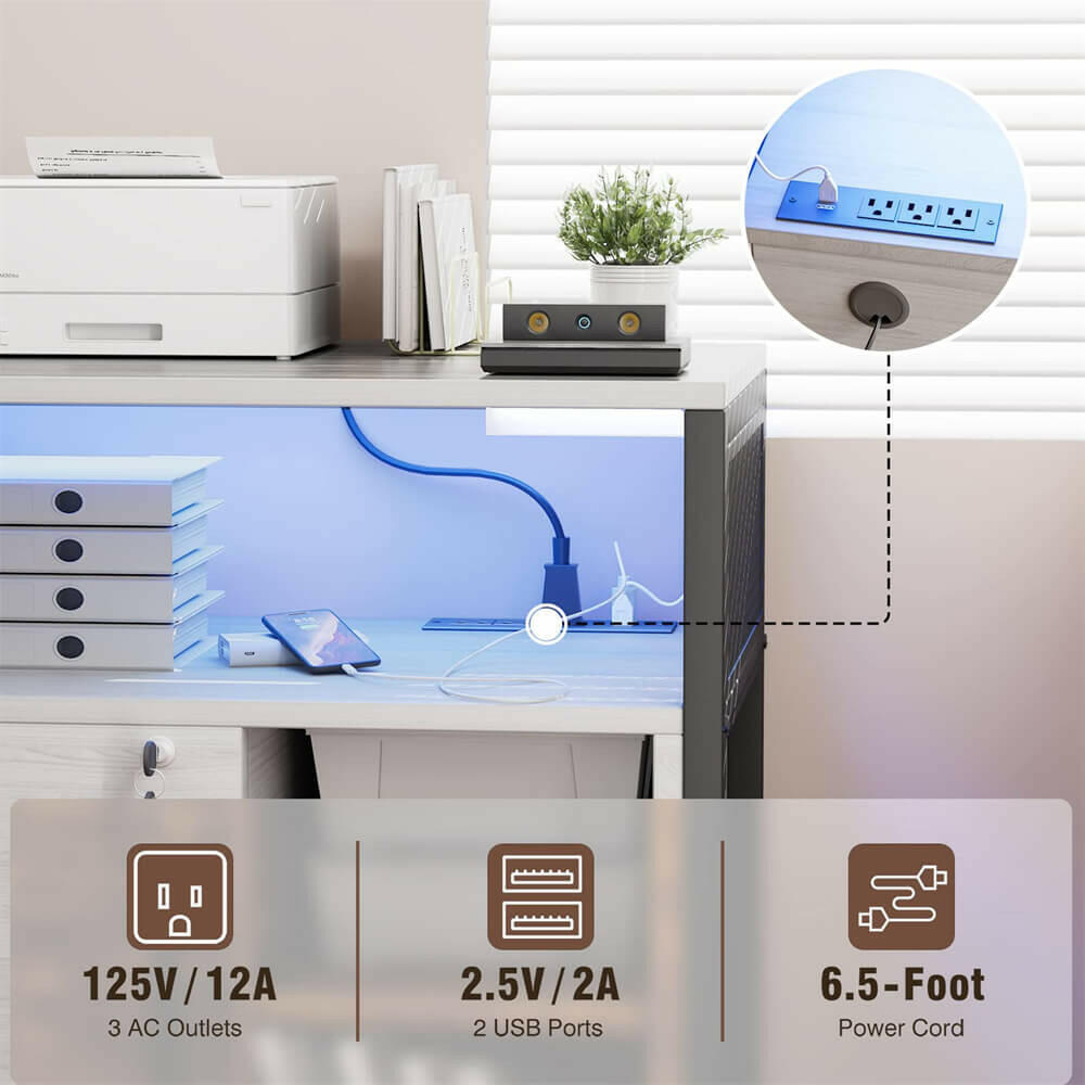 Unikito Lateral File Cabinet with LED Light, Locking Office Filing Cabinets with Socket and USB Charging Port, Modern Rolling Printer Stand with Storage for A4, Letter Size and File Folders